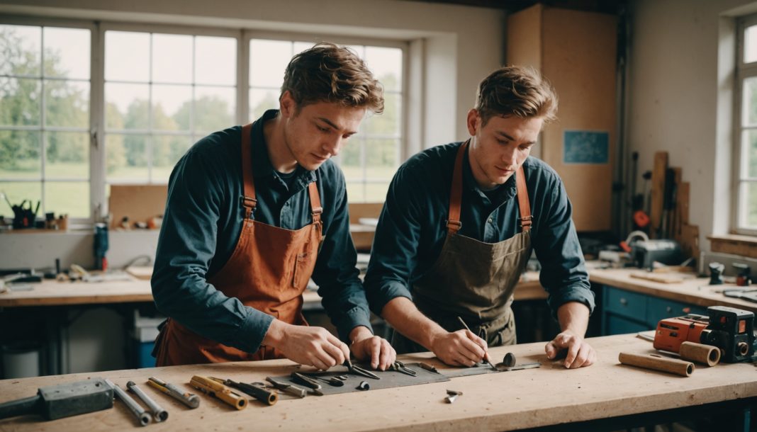 Apprenti et formateur dans un atelier de formation professionnelle