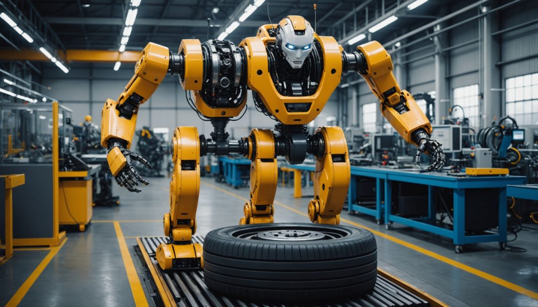 Robot humanoide industriel manutentionnant un pneu dans une usine automobile