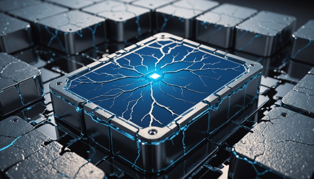 Illustration d une batterie a etat solide et dendrite de lithium traversant l electrolyte ceramique