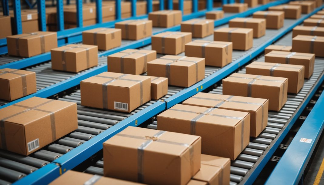Colis en carton sur un tapis roulant dans un entrepot logistique europeen