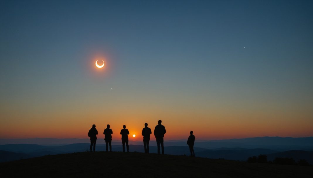Eclipse solaire partielle du 12 aout 2026 au-dessus d'un horizon de soiree