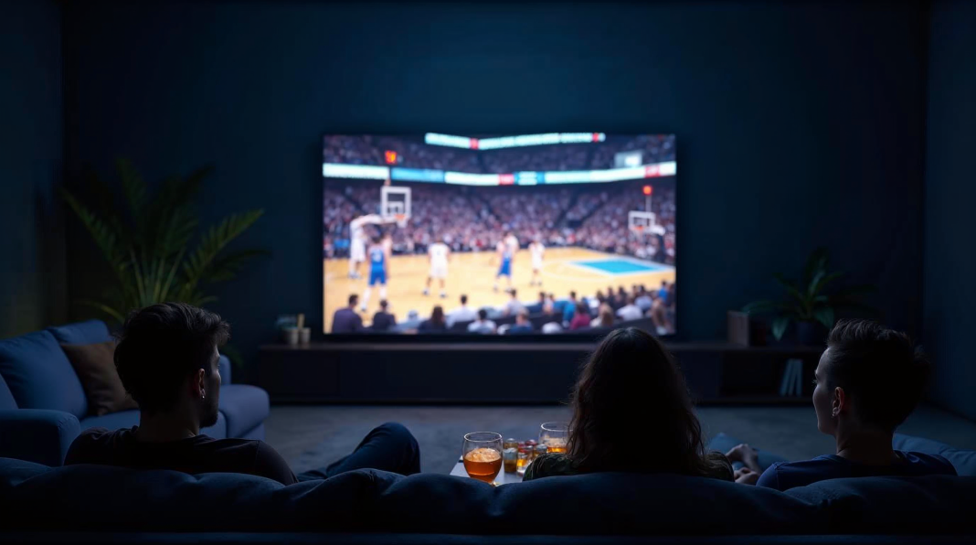 Amis regardant un match de basket sur grand écran dans le salon