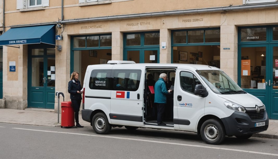 Conseiller France Services aidant un usager dans un point d'accueil rural avec bus itinerant en arriere-plan