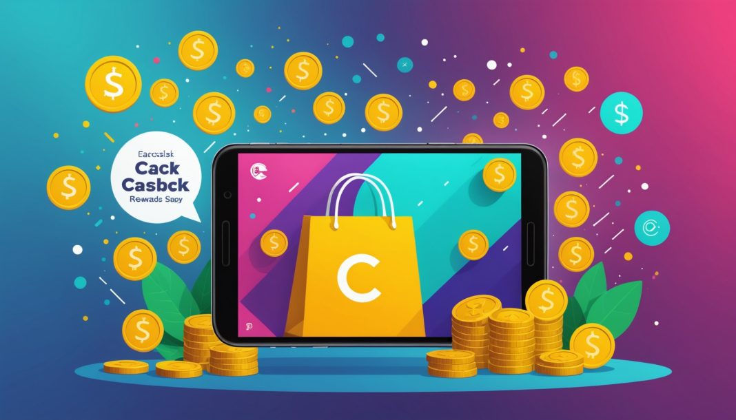 Illustration d'une application de cashback avec panier et pièces de monnaie