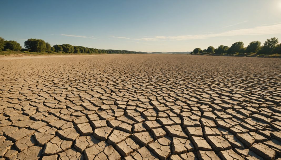 Paysage français asséché par la sécheresse 2026, lit de rivière craquelé sous un ciel d'été