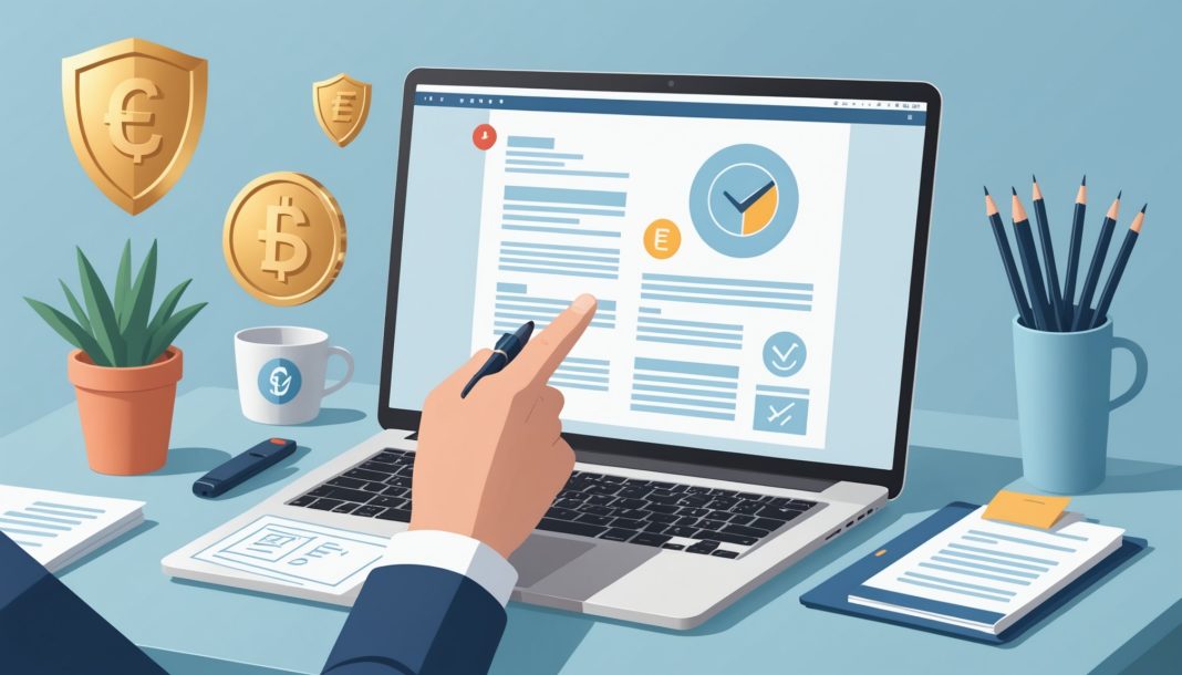 Illustration d'une personne consultant un contrat financier en ligne sur un ordinateur portable