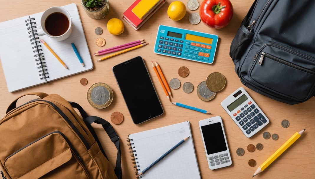Fournitures scolaires et pièces en euros illustrant le budget de la rentrée