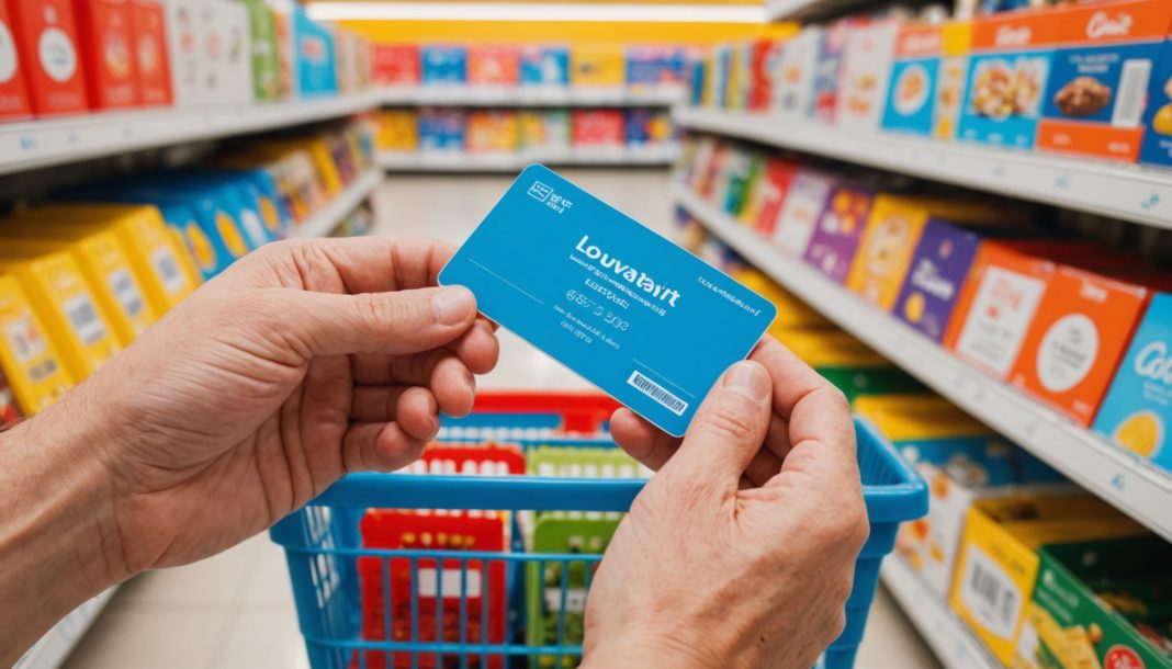 Cartes de fidélité tenues à la main devant un rayon de supermarché en été