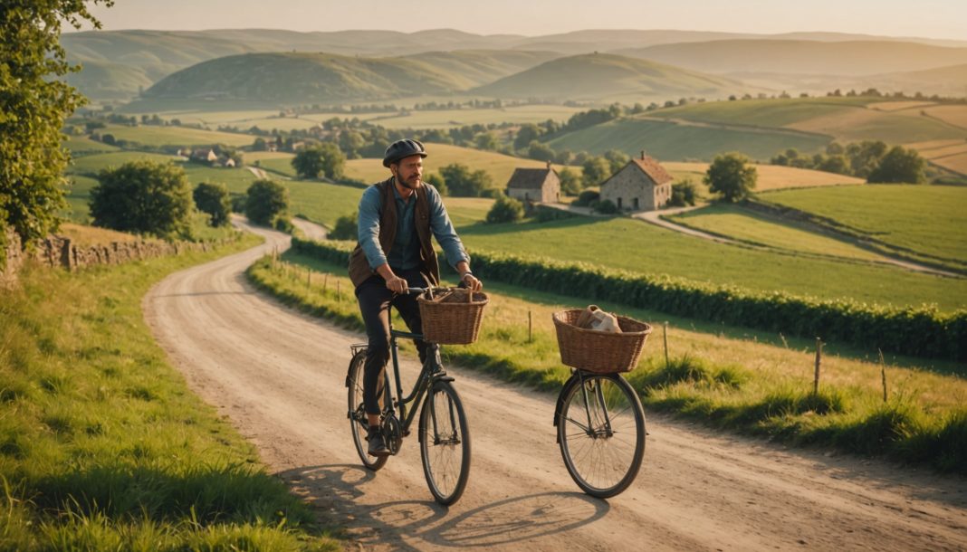 Cycliste voyageant lentement sur un chemin de campagne au coucher du soleil, symbole du slow tourisme