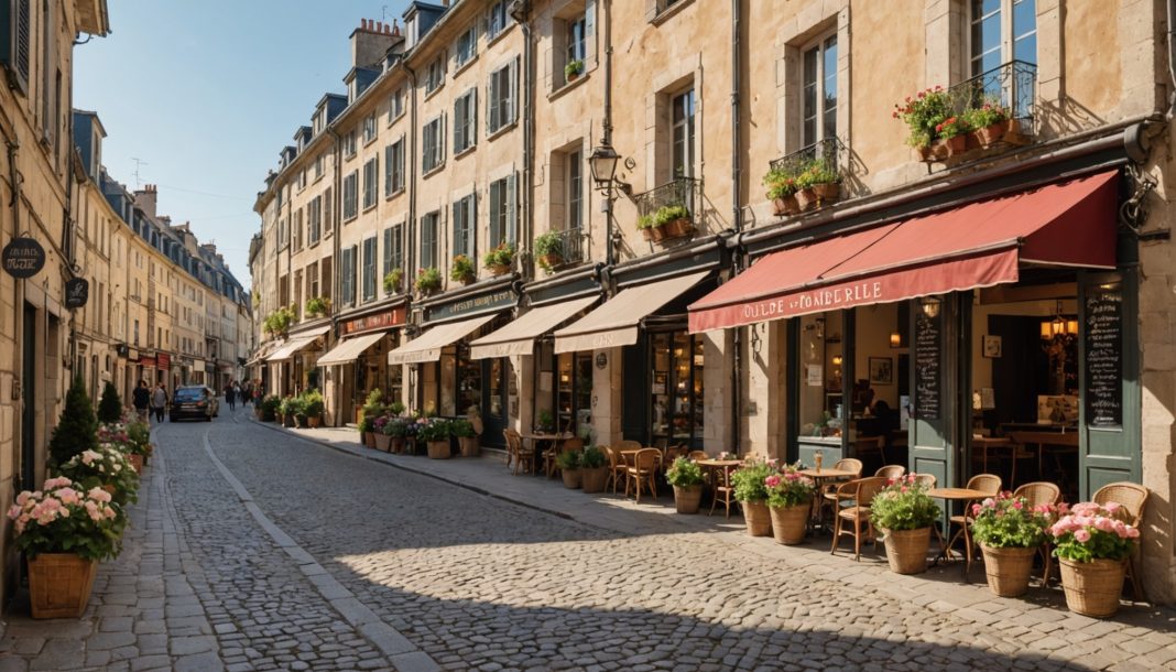 Commerces de proximité dans une rue de centre-ville en France