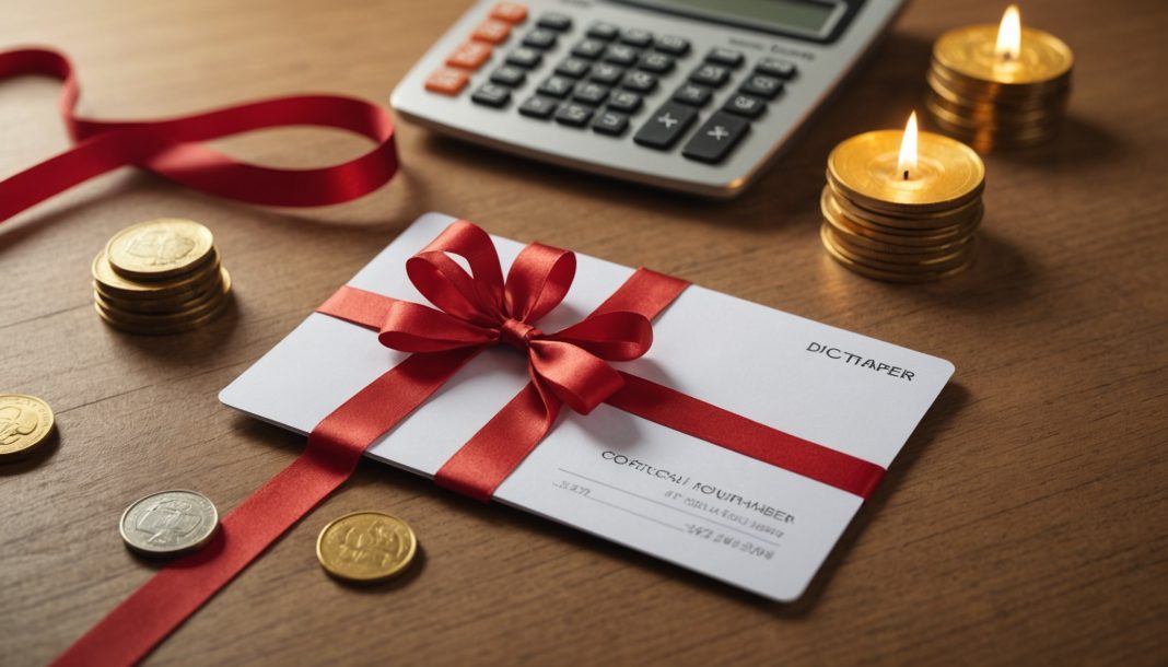 Carte cadeau avec ruban posée sur un bureau, symbole des bons d'achat et chèques-cadeaux d'entreprise