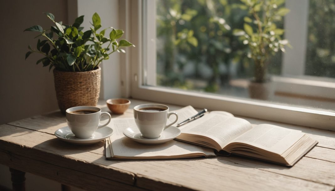 Ambiance cosy d'un dimanche slow living, café et lecture au calme