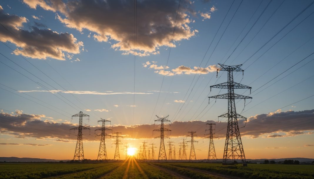 Pylones electriques et champ de panneaux solaires symbolisant l'export d'electricite francaise