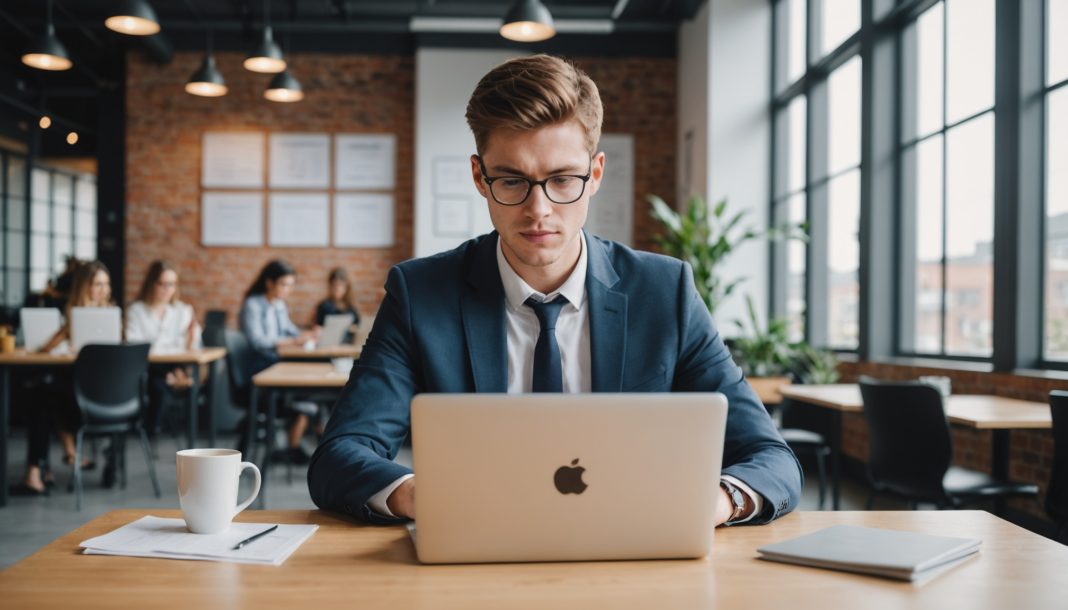 Jeune diplômé consultant des offres d'emploi sur un ordinateur portable