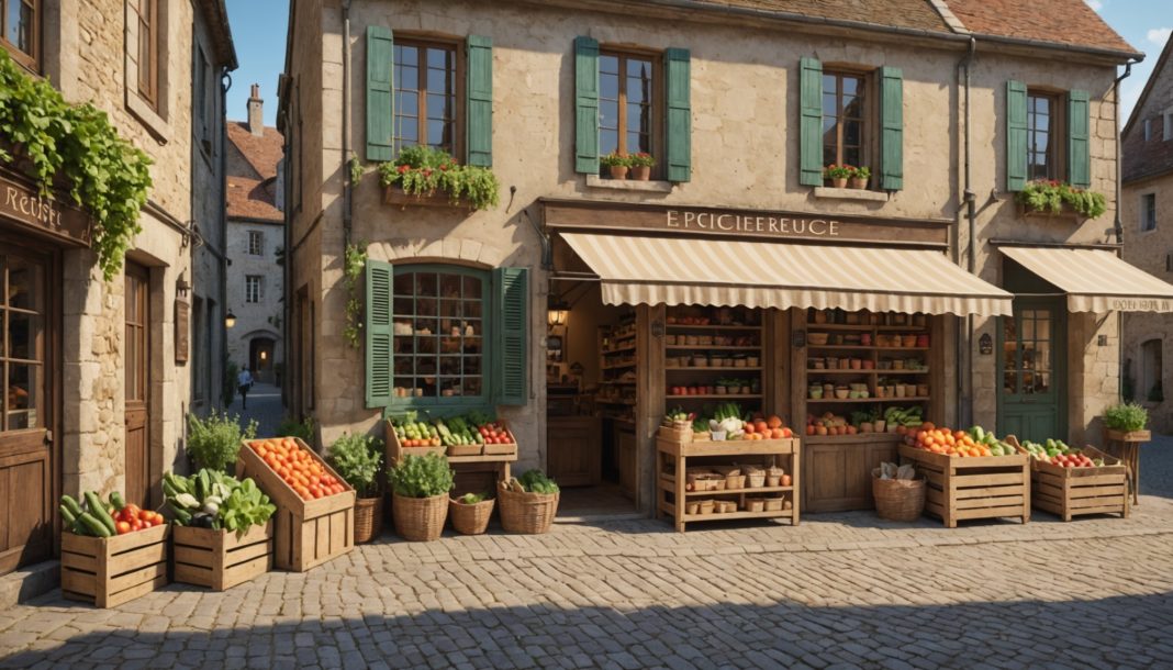 Petite épicerie de village avec étals de produits frais en zone rurale