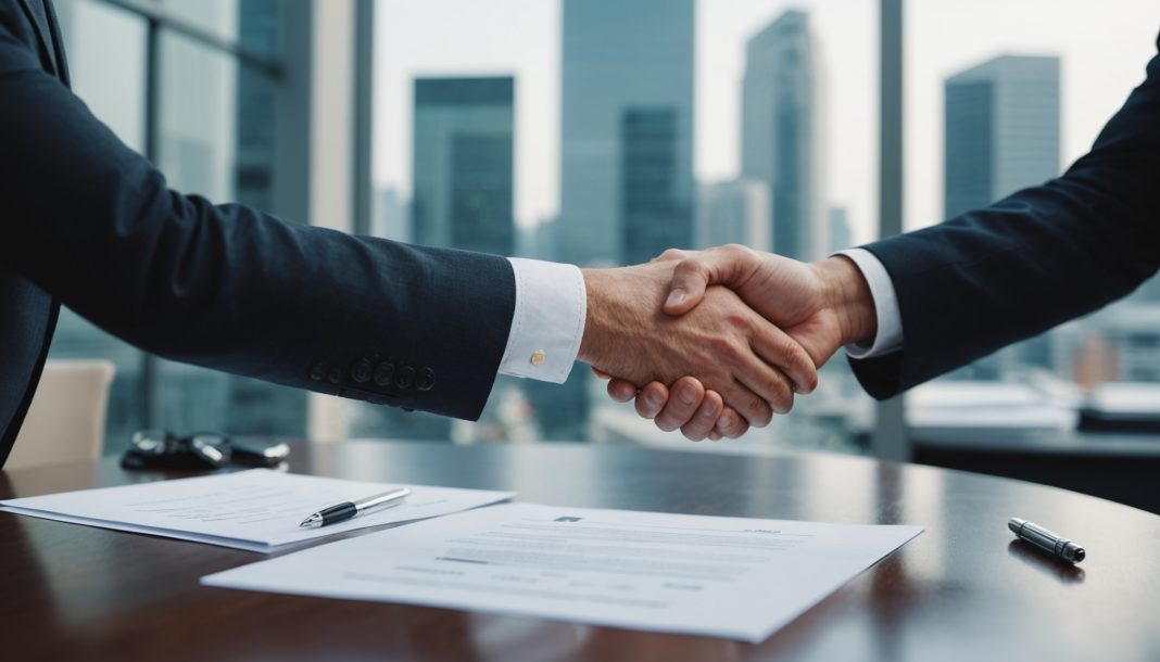 Poignée de main et signature d'un contrat de rupture conventionnelle sur un bureau
