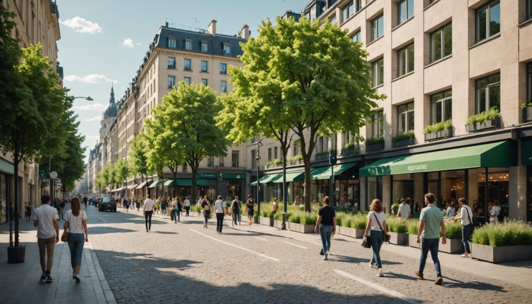 Ville européenne végétalisée illustrant l'adaptation au changement climatique