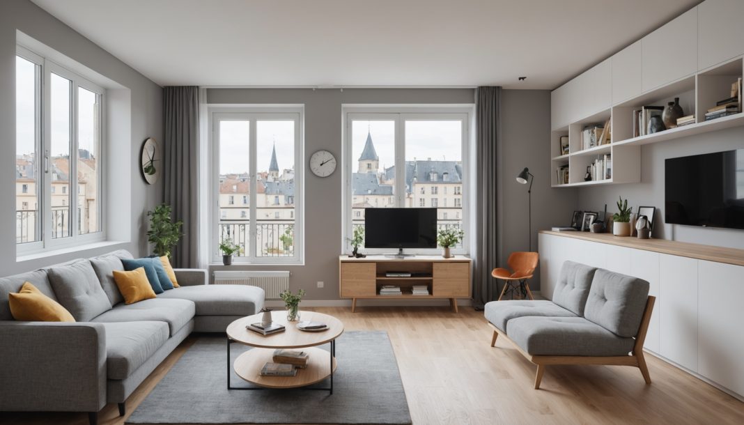 Intérieur d'appartement moderne et compact avec mobilier optimisé