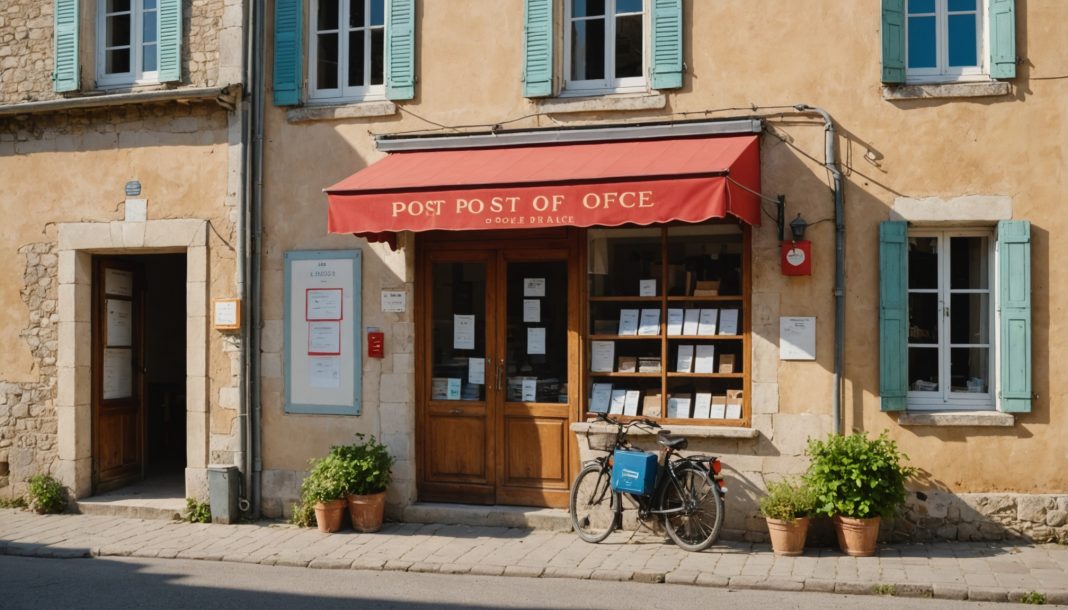 Petit bureau de poste dans un village rural français, service de proximité menacé par les coupes budgétaires
