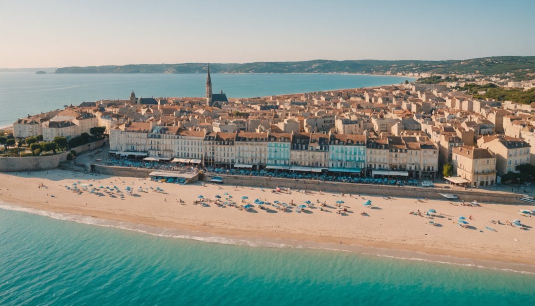 Vue aérienne d'une ville côtière française au coucher du soleil, symbole de l'art de vivre