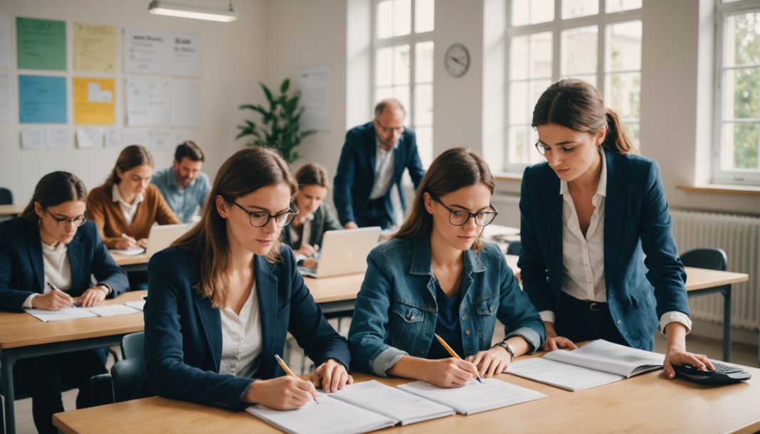 Adultes en formation professionnelle dans une salle lumineuse, ordinateur et documents sur la table