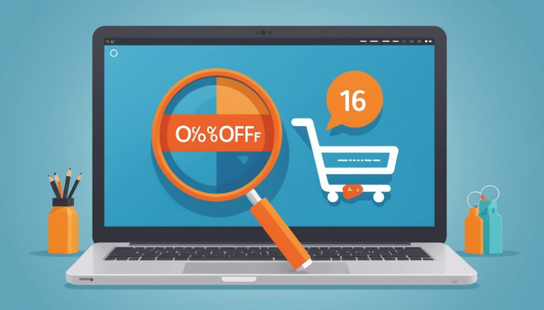 Illustration d'une loupe au-dessus d'un ordinateur affichant un site de shopping en ligne avec une étiquette de réduction