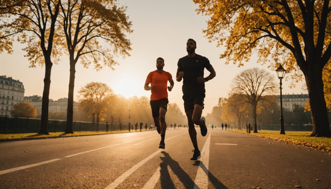 Illustration du sport en France, coureurs et basketball en milieu urbain