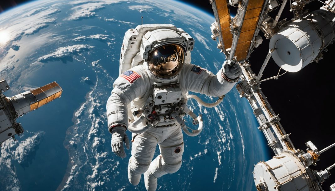 Astronaute en sortie extravehiculaire reparant une antenne de communication sur la Station spatiale internationale