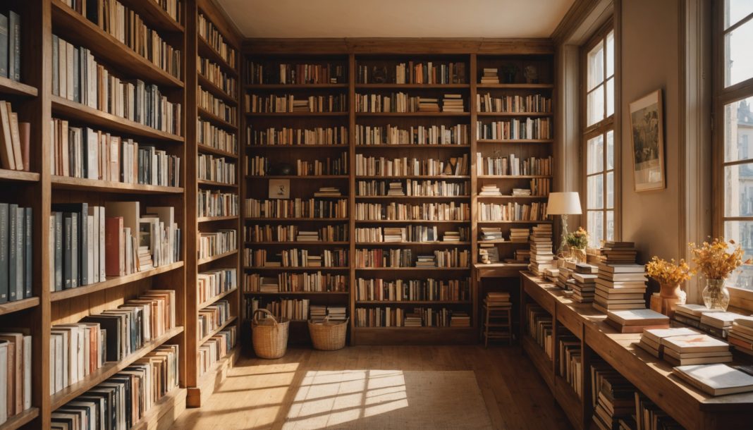 Intérieur chaleureux d'une librairie indépendante française avec étagères de nouveautés