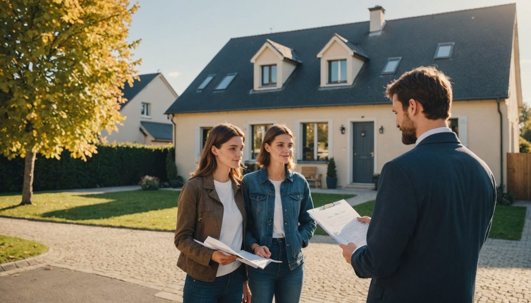Couple examinant des documents immobiliers avec un agent devant une maison à vendre