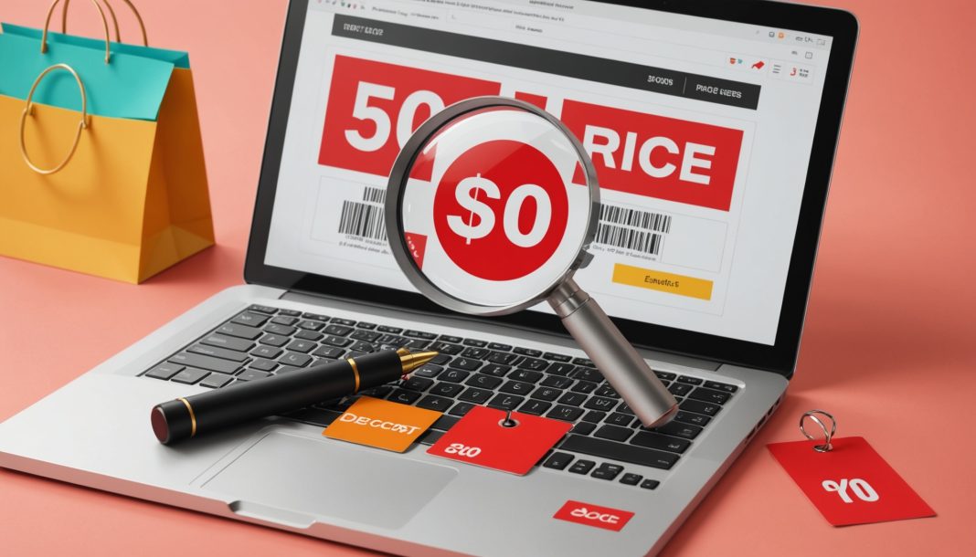 Illustration d'une loupe examinant un prix barré et une étiquette de réduction