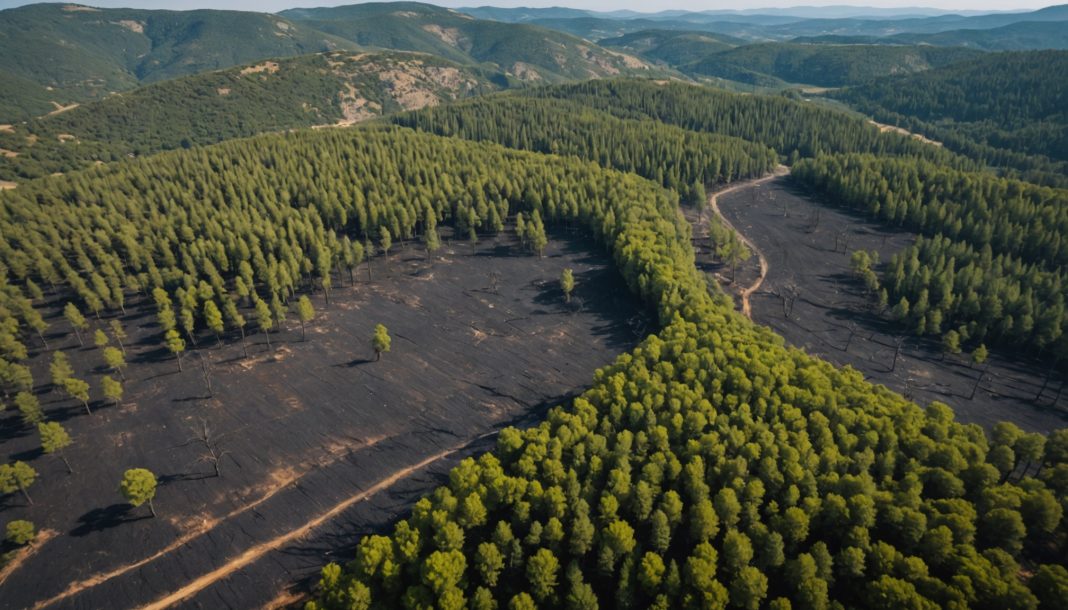 Paysage de forêt calcinée après un incendie dans le sud de la France