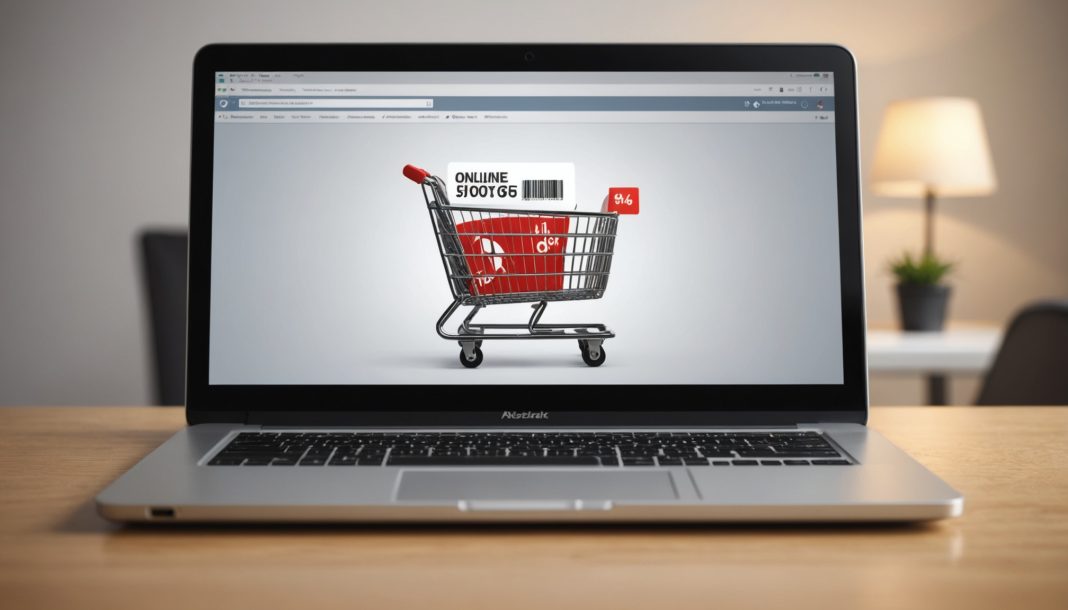 Écran d'ordinateur portable affichant un panier d'achat en ligne avec une étiquette de réduction