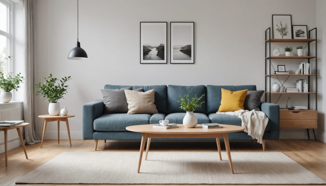 Salon lumineux avec mobilier neuf illustrant la reprise du marché du meuble en France