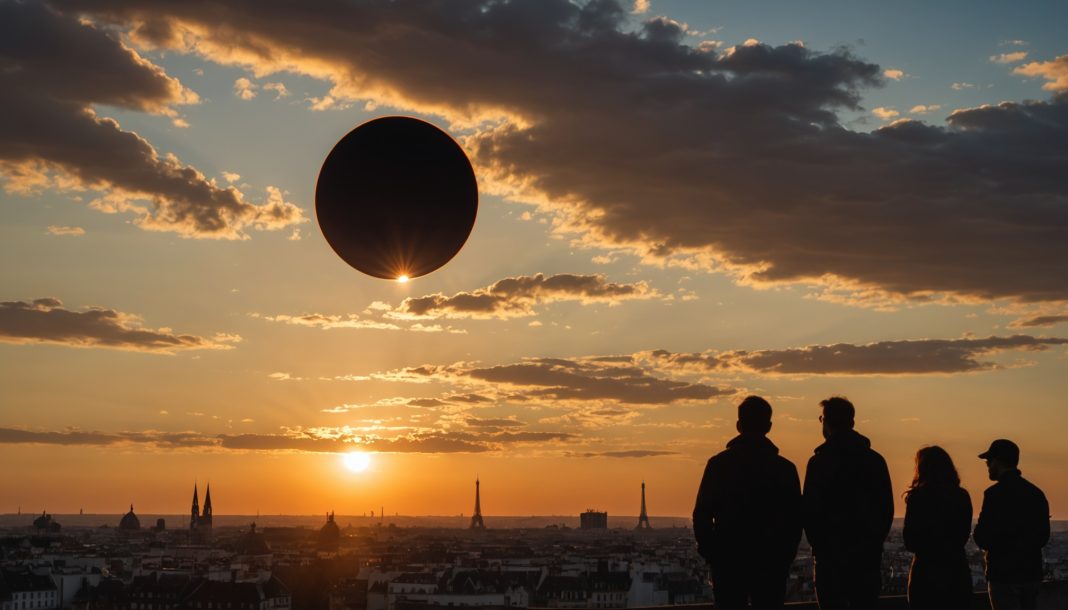 Silhouette urbaine française au coucher du soleil pendant une éclipse solaire partielle