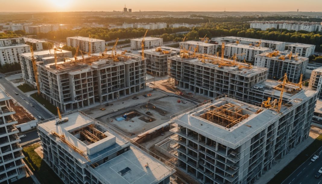 Grue et immeubles en construction sur un chantier de logements neufs en France