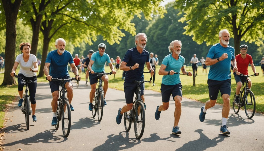 Groupe de Français de tous âges pratiquant une activité sportive en plein air dans un parc