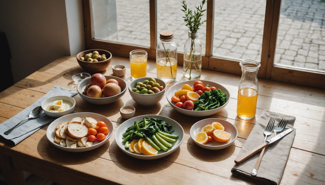 Nature morte lifestyle avec aliments naturels et eau, symbole de consommation saine