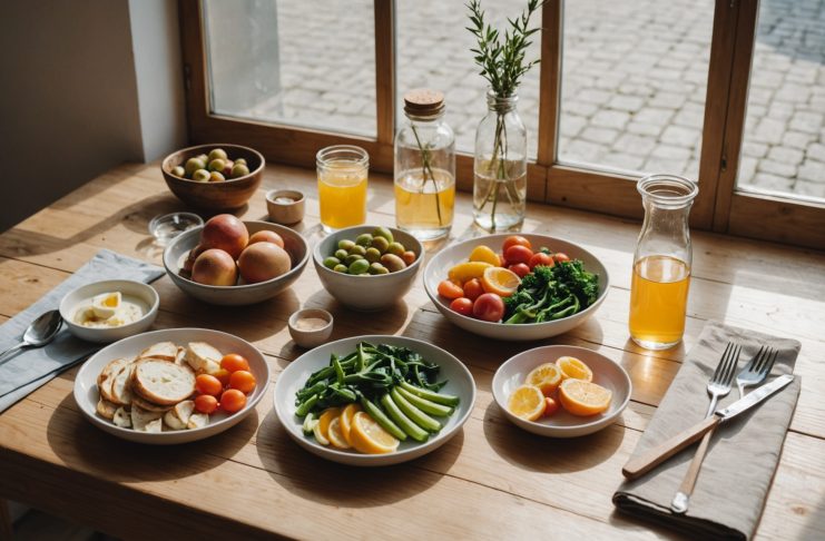 Nature morte lifestyle avec aliments naturels et eau, symbole de consommation saine
