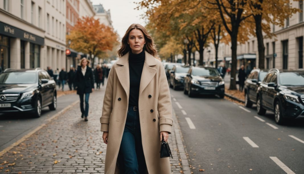 Femme portant un manteau d'hiver en laine dans une rue en automne