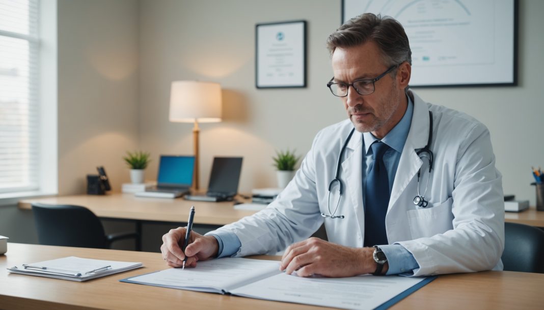 Médecin et patient consultant un document lors d'une consultation sur un essai clinique