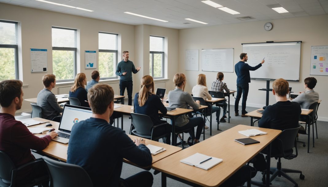 Adultes suivant une formation professionnelle dans une salle de classe moderne