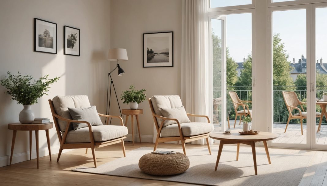 Intérieur moderne avec mobilier en bois illustrant le marché du meuble en France