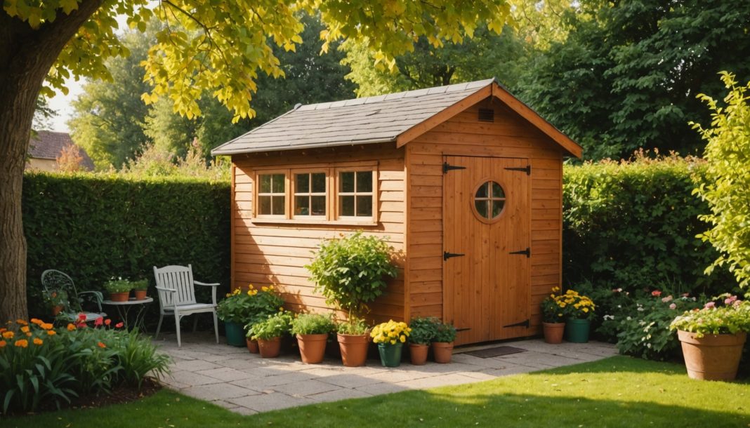 Abri de jardin en bois dans un jardin, illustration de la taxe d'aménagement 2026