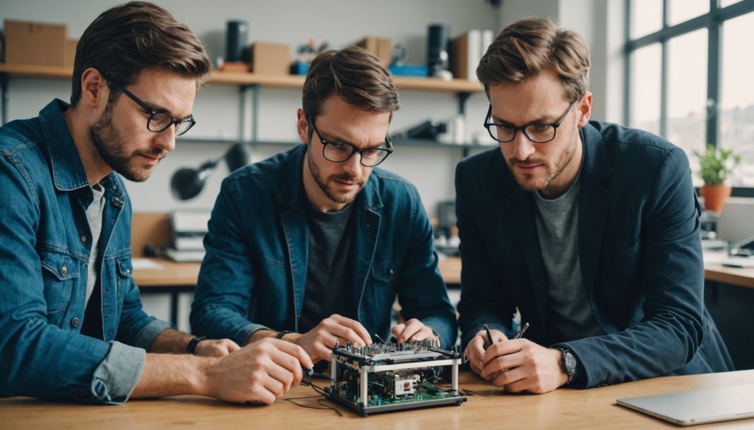 Chercheurs et ingénieurs examinant un prototype technologique en laboratoire