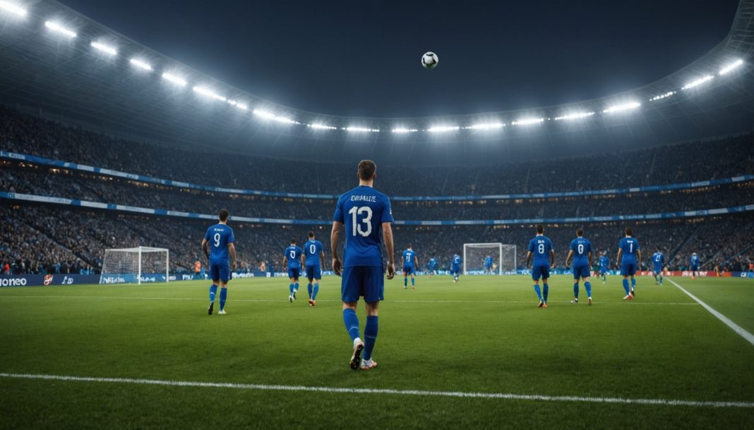 Stade de football de nuit sous les projecteurs, ambiance de match international des Bleus