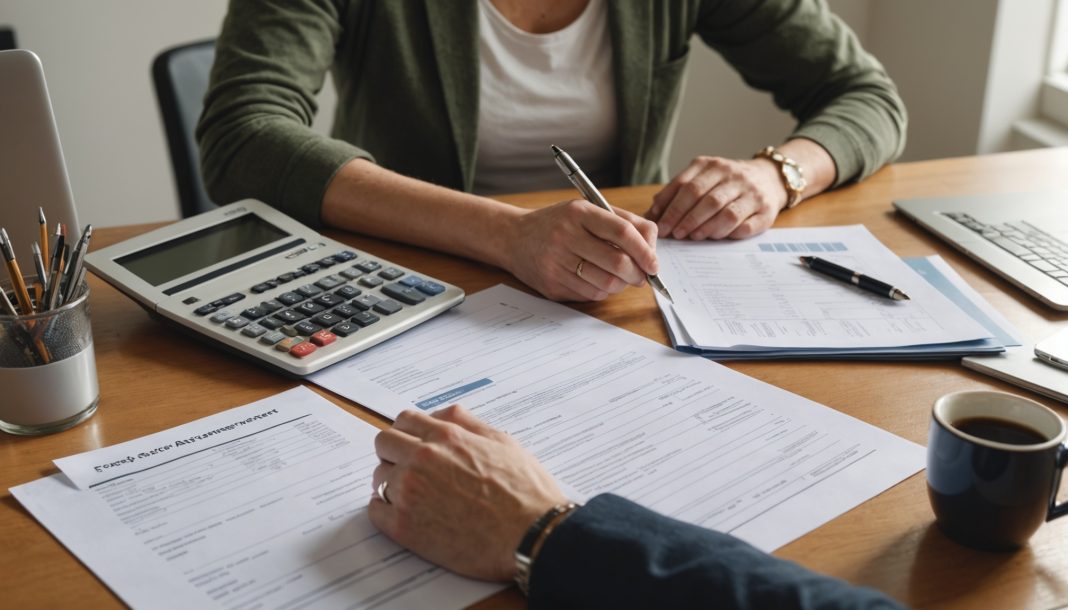 Personne comparant des offres de crédit à la consommation à une table, calculatrice et documents financiers