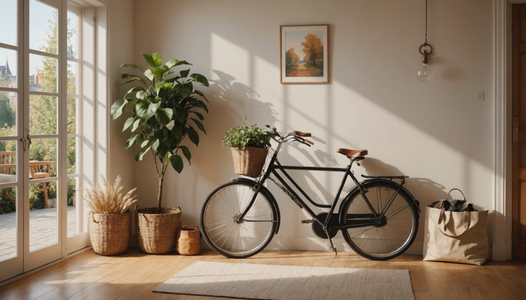 Salon cosy et minimaliste illustrant un mode de vie sobre et durable