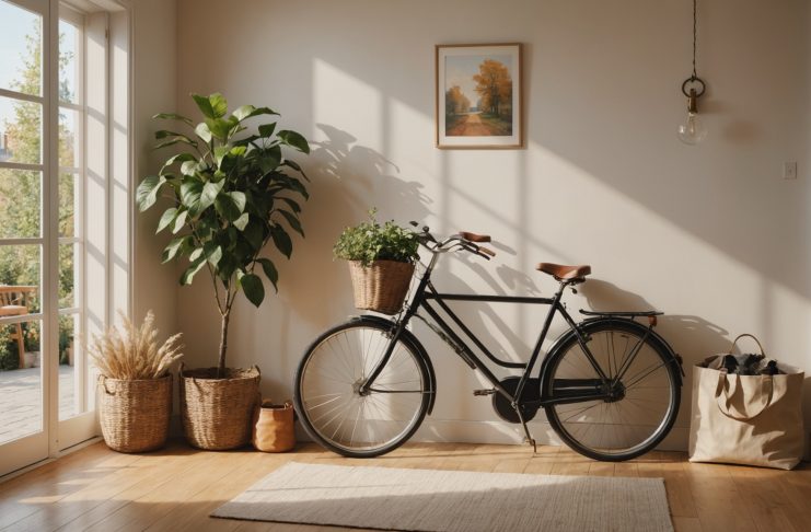 Salon cosy et minimaliste illustrant un mode de vie sobre et durable