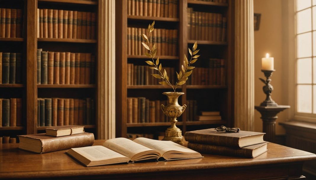 Illustration symbolique du Nobel de littérature : livres anciens et laurier dans une bibliothèque